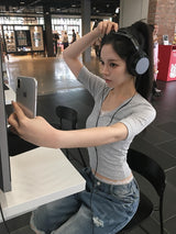 キーティング リブ ロールアップ スリムVネック 3/4スリーブTシャツ