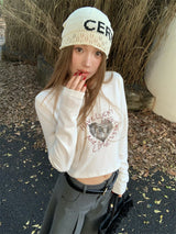 ハートプリンティド長袖クロップTシャツ