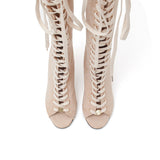 Suede Lace-Up Open Toe Boots Heel(Beige)