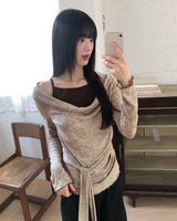 Bimu ribbed strap sleeveless layered off-shoulder long-sleeve T-shirt