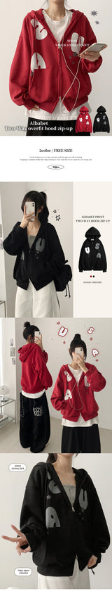 Momo Alphabet Printed Two-Way Oversized Fit Hooded Zip-Up