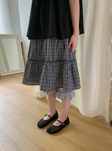 26SS★ [BAONHAUS] ヤンビチェックレースバンディングミディスカート