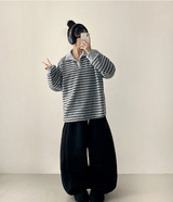 Terry Fleece side pin tuck incision string wide pants