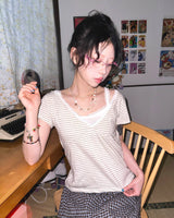 (3color) Lace Stripe Hood Short Sleeve Tee