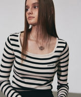 STRIPE LOGO SQUARE NECK KNIT_LIGHT BEIGE