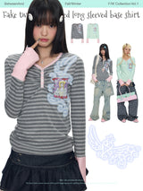 BETWEENAND Autumn gray and pink striped lightweight fake two-piece long-sleeved striped T-shirt top
