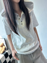 Flower Even Halter Neck Button Hooded Tee 2color