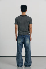 ストライプスリムヘンリーネックハーフTシャツ(Black)