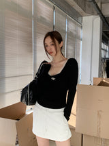 レースディテールVネックツイストロングスリーブTシャツ
