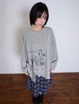 キャットガール & フラワー長袖Tシャツ - グレー