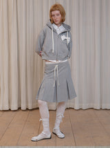 rirri Charcoal Heavyweight 100% Cotton Bow-Detailed Hoodie Set (Zippered Hooded Sweatshirt + Pleated Skirt)