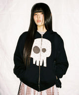 Kawaii Skull Damage Hoodie Zip-up - Black Flower   