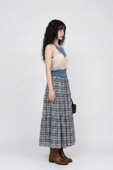 VINTAGE BLUE PLAID TIERED MAXI SKIRT