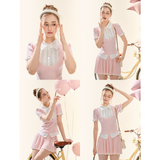 GirlyFancyClub Energetic Girl Academy Pink Short-Sleeved Knit Faux Two-Piece Top