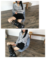 may sleeve button v-neck knit
