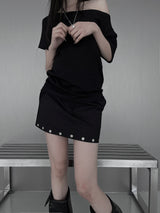 studded silver button skirt (2color)