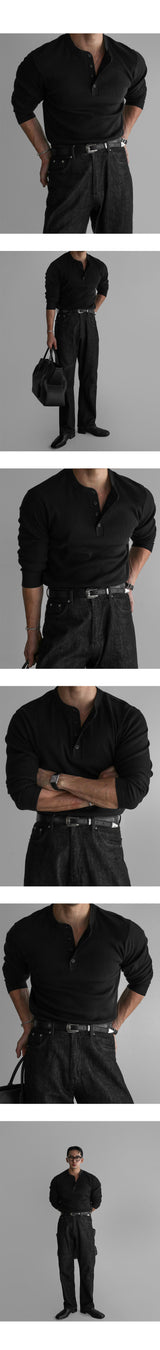 Ribbed Henley Neck Muscle Long Sleeve Knit Tee [Black]