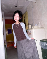 (2color) Ribbon Pleated Check Long Skirt