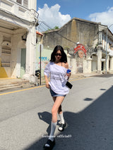 Barcode unbuttoned shoulder loose fit tee