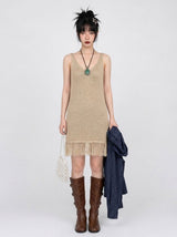 FRINGE-HEM KNIT V-NECK DRESS IN BEIGE