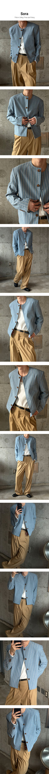 Pin stripe collarless crop jacket(2color)