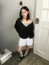 Wrap loose fit shirring hooded knit (4c)