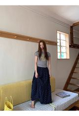 Cozy Navy Flower Frill Long Banding Skirt