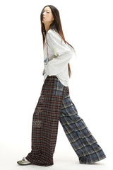 Retro elastic waistband comfortable casual and laid-back color-blocked straight-leg checkered pants