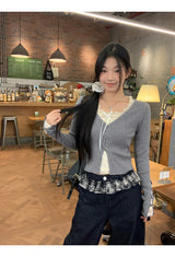 レースシャーリングツーピース長袖ブラウスTシャツ