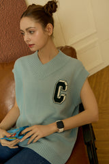 3D C Patch Sky Blue Knit Vest [Unisex]