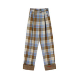 WhyBerry 22AW”レトロな英国風デニムアメリカンチェック柄パンツカジュアルワイドレッグパンツ