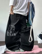 HIP / STREET / KOREAN 💚🐝 GRAFFITI TATTOO PRINT COTTON WIDE BALLOON UNISEX LONG PANTS 🤎🩶🖤💛 - 4 COLORS