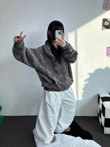 RIBBON PATTERN VELVET HOOD ZIP-UP💚💙🖤 - 3 COLORS
