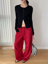 Chewing Ribbed Button Round Neck Long Sleeve Cardigan