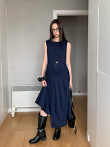 Navy Pleats Wrap Long Sleeveless Dress