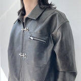 Textured Leather Metal Clasp Zip Cropped Jacket