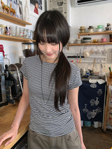 ユリモストライプボートネックショートスリーブT