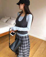 [ORIGINAL] Buckle Check Midi Pleated Skirt
