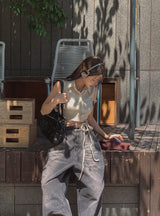 リアストラップリブスリーブシャツ