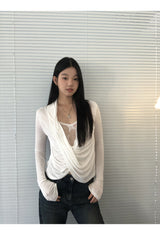 White Smudge Lace Shirring Long Sleeve T-shirt