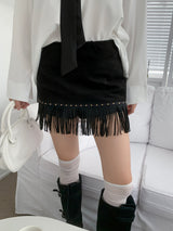 Arven Western Fringe Suede Metal Studded Mini Skirt (2 colors)
