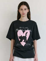 ハートキャットフレンズルーズフィットTシャツ チャコール