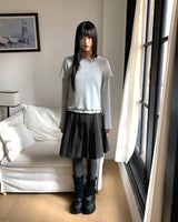 デュピンレイヤードツーウェイアンゴラショート&ロングスリーブフリレッドTシャツ
