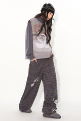Patchwork printed drawstring design casual and relaxed loose straight-leg check pants