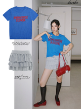 Blue Red Lettering Round Short-Sleeved Knitwear