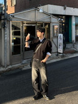 スポークンワイドブラックデニムパンツ (S, M, L, XL, 2XL)