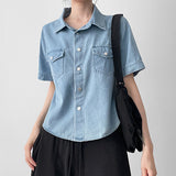 Slim Fit Short-Sleeved Denim Shirt Stitch Point Collar Blue Shirt (3 colors)