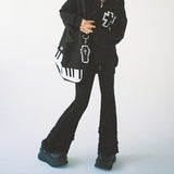 Ribbed Frill Legging Pants - Black