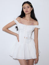 rirri SS25 New Arrival Tie-Detail Floral Contrast Patchwork Slim-Fit Adjustable Waist Slimming Resort White 100% Cotton Dress