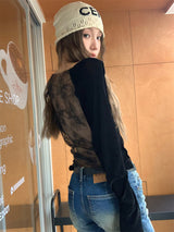 バックシースルーレース長袖Tシャツ